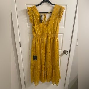 Lulus Cause to Celebrate Yellow and Gold Dot Ruffled Tiered Midi Dress